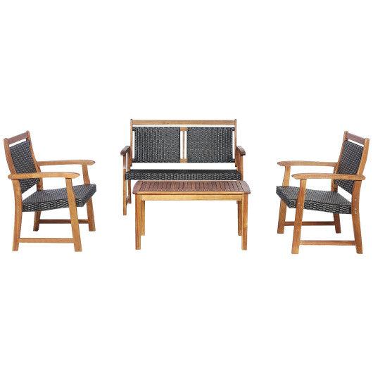 4 Pieces Outdoor Patio Rattan Furniture Sofa Set with Acacia Wood Frame at Set Shop and Smile