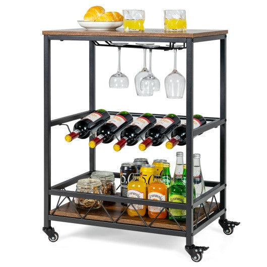 Kitchen Bar Cart Serving Trolley on Wheels with Wine Rack Glass Holder-Rustic Brown at Set Shop and Smile