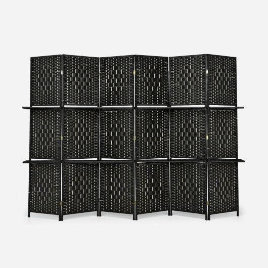 6 Panel Folding Weave Fiber Room Divider with 2 Display Shelves -Black at Set Shop and Smile