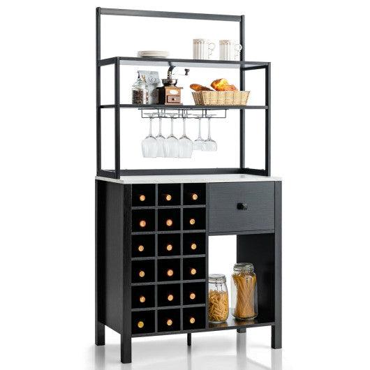 Kitchen Bakers Rack Freestanding Wine Rack Table with Glass Holder and Drawer-Black at Set Shop and Smile