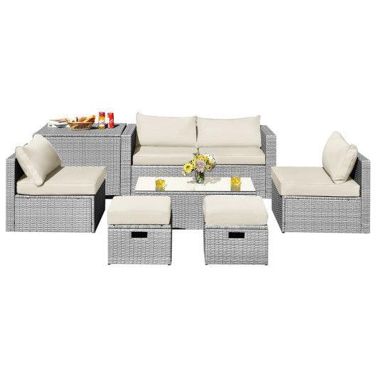 8 Pieces Patio Rattan Furniture Set with Storage Waterproof Cover and Cushion-Off White at Set Shop and Smile