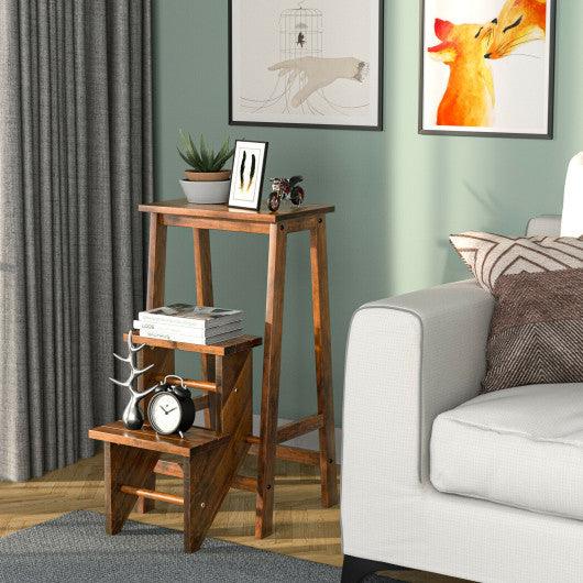 3-in-1 Rubber Wood 3 Tier Folding Step Stool Ladder Storage Shelf-Coffee at Set Shop and Smile