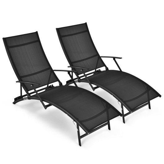 2 Pieces Patio Folding Stackable Lounge Chair Chaise with Armrest-Black at Set Shop and Smile