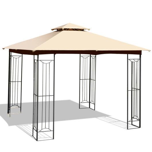 10 x 10 Feet L-Shaped Patio Canopy Gazebo Outdoor 2-Tier Steel Tent-Beige at Set Shop and Smile