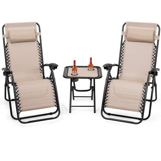 3 Pieces Folding Portable Zero Gravity Reclining Lounge Chairs Table Set-Beige at Set Shop and Smile