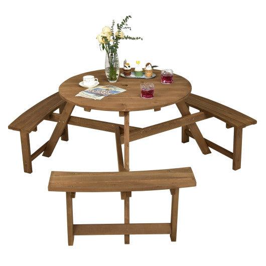 6-person Round Wooden Picnic Table with Umbrella Hole and 3 Built-in Benches-Dark Brown at Set Shop and Smile