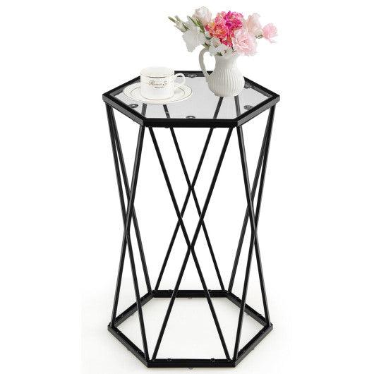 Hexagonal Accent End Table with Tempered Glass Top and Metal Frame at Set Shop and Smile