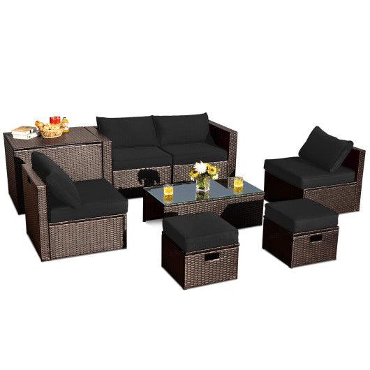 8 Pieces Patio Space-Saving Rattan Furniture Set with Storage Box and Waterproof Cover-Black at Set Shop and Smile