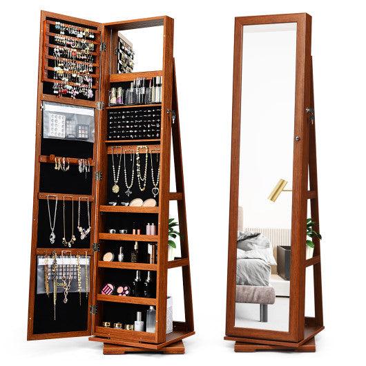 360° Rotatable 2-in-1 Lockable Jewelry Cabinet with Full-Length Mirror-Brown at Set Shop and Smile