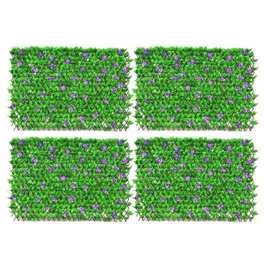 4 Pieces Expandable Faux Ivy Privacy Screen Fence Panel Pack with Flower-Purple at Set Shop and Smile