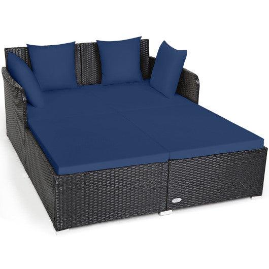 Spacious Outdoor Rattan Daybed with Upholstered Cushions and Pillows-Navy at Set Shop and Smile