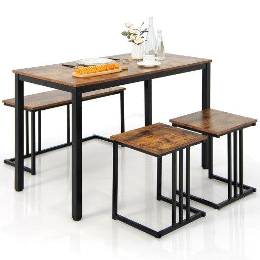 4 Pieces Industrial Dining Table Set with Bench and 2 Stools-Brown at Set Shop and Smile
