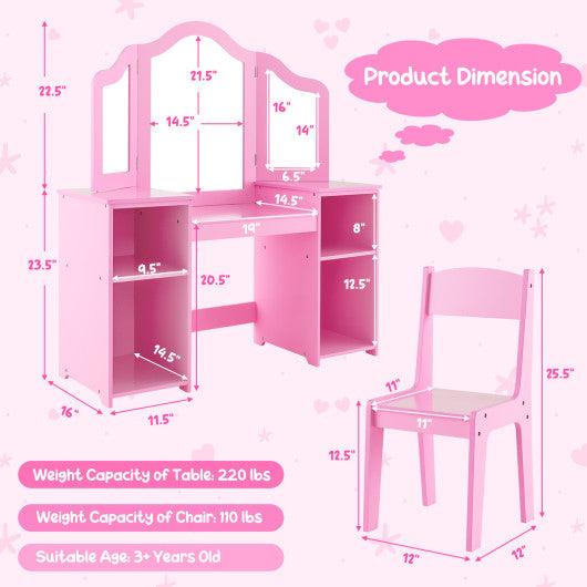 Kids Vanity Table and Chair Set with Removable Tri-Folding Mirror-Pink at Set Shop and Smile