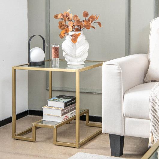 22 Inch 2-Tier Square Sofa Side Table with Tempered Glass Tabletop-Golden at Set Shop and Smile