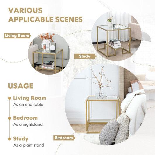 22 Inch 2-Tier Square Sofa Side Table with Tempered Glass Tabletop-Golden at Set Shop and Smile