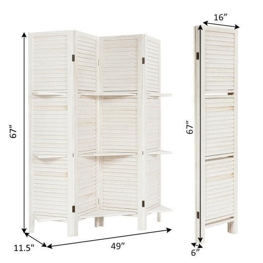 4 Panel Folding Room Divider Screen with 3 Display Shelves-White at Set Shop and Smile