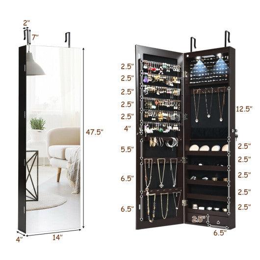 Wall and Door Mounted Mirrored Jewelry Cabinet with Lights-Brown at Set Shop and Smile