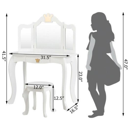 Kids Makeup Dressing Table with Tri-folding Mirror and Stool-White at Set Shop and Smile