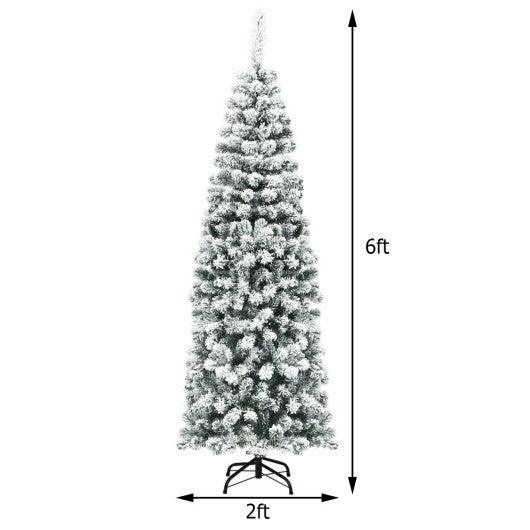 6 Feet Unlit Hinged Snow Flocked Artificial Pencil Christmas Tree with 500 Branch Tip at Set Shop and Smile