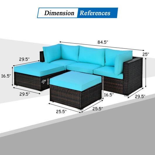 5 Pieces Patio Rattan Sectional Conversation Ottoman Furniture Set-Blue at Set Shop and Smile