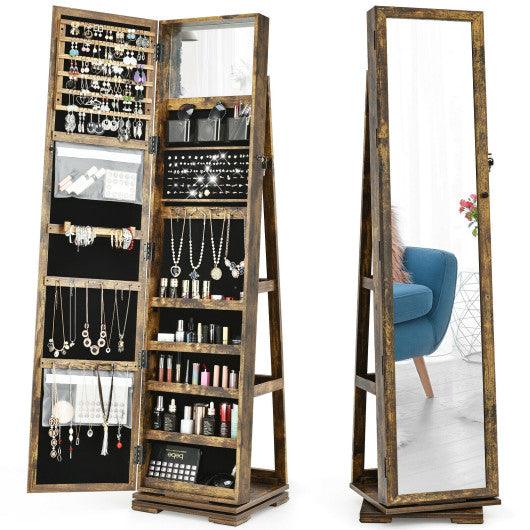 360° Rotatable 2-in-1 Lockable Jewelry Cabinet with Full-Length Mirror-Rustic Brown at Set Shop and Smile