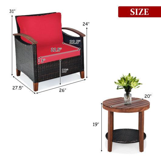 3 Pieces Patio Rattan Furniture Set with Washable Cushion and Acacia Wood Tabletop-Red at Set Shop and Smile