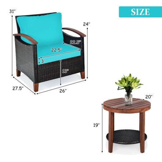 3 Pieces Patio Rattan Furniture Set with Washable Cushion and Acacia Wood Tabletop-Turquoise at Set Shop and Smile