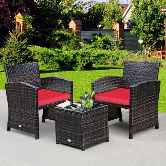 3 Pieces PE Rattan Wicker Furniture Set with Cushion Sofa Coffee Table for Garden-Red at Set Shop and Smile