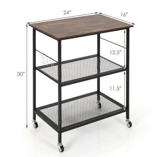 3-Tier Kitchen Serving Cart Utility Standing Microwave Rack with Hooks Brown at Set Shop and Smile