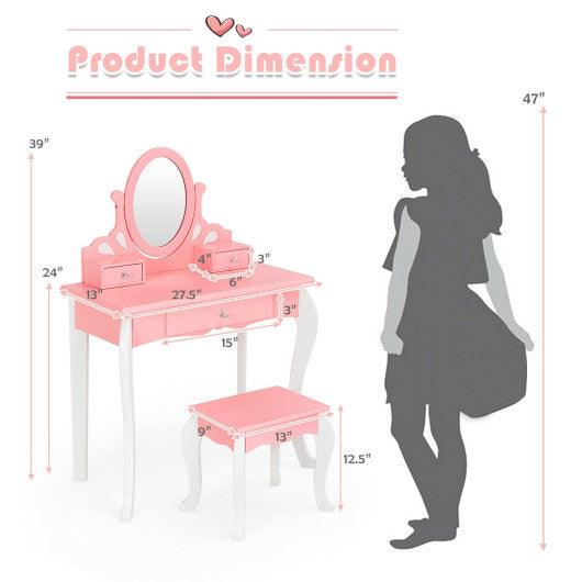 Kids Vanity Princess Makeup Dressing Table Stool Set with Mirror and Drawer-Pink at Set Shop and Smile