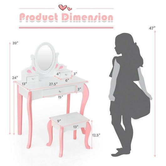Kids Vanity Princess Makeup Dressing Table Stool Set with Mirror and Drawer-White at Set Shop and Smile