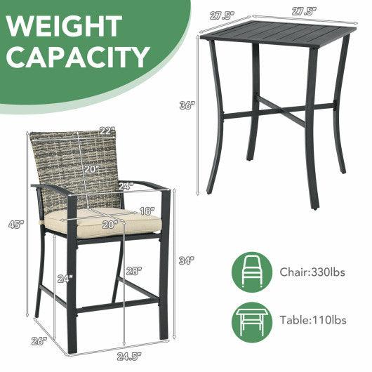 3 Pieces Patio Rattan Bar Furniture Set with Slat Table and 2 Cushioned Stools-Gray at Set Shop and Smile