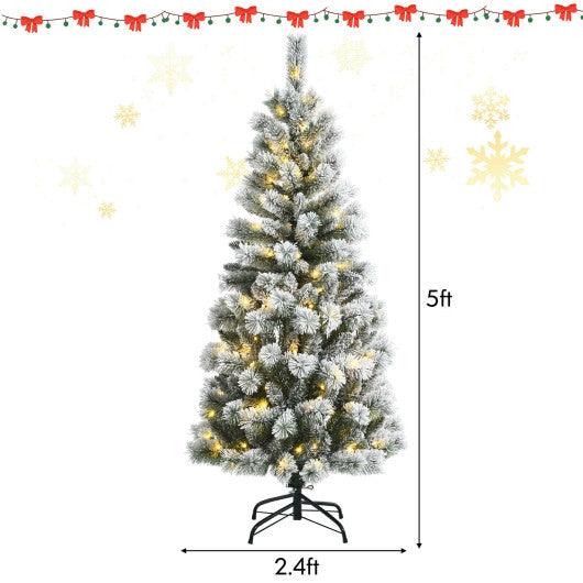 5 Feet Pre-Lit Hinged Christmas Tree Snow Flocked with 9 Modes Remote Control Lights at Set Shop and Smile