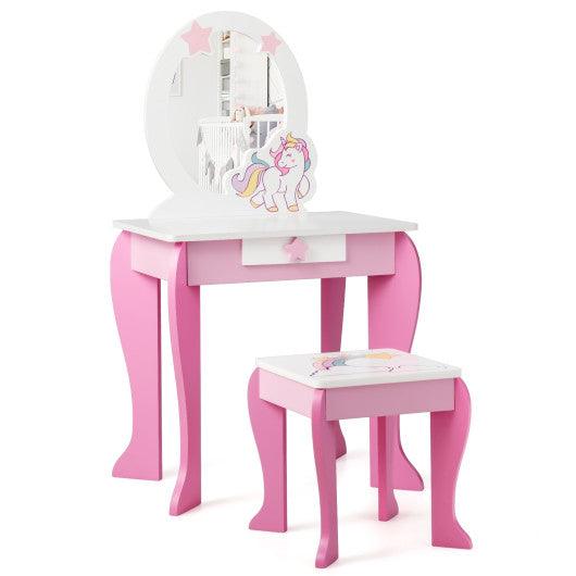 Kids Wooden Makeup Dressing Table and Chair Set with Mirror and Drawer at Set Shop and Smile