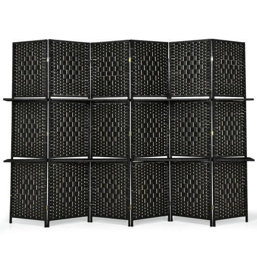 6 Panel Folding Weave Fiber Room Divider with 2 Display Shelves -Black at Set Shop and Smile