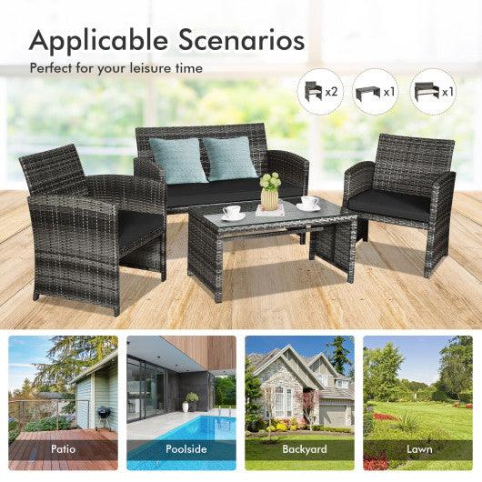 4 Pieces Patio Rattan Furniture Set with Glass Table and Loveseat-Black at Set Shop and Smile