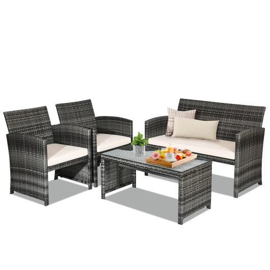 4 Pcs Patio Rattan Furniture Set Top Sofa With Glass Table-White at Set Shop and Smile