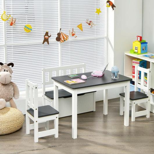 4 Pieces Kids Wooden Activity Table and Chairs Set with Storage Bench and Study Desk-Gray at Set Shop and Smile