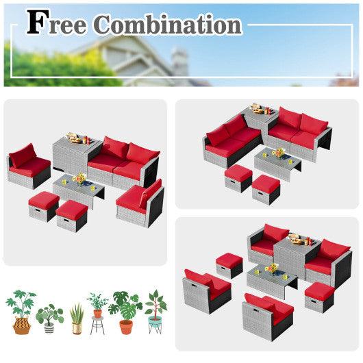8 Pieces Patio Rattan Furniture Set with Storage Waterproof Cover and Cushion-Red at Set Shop and Smile