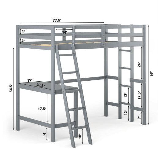 Twin Size Loft Bed Frame with Desk Angled and Built-in Ladder-Gray at Set Shop and Smile