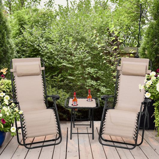 3 Pieces Folding Portable Zero Gravity Reclining Lounge Chairs Table Set-Beige at Set Shop and Smile