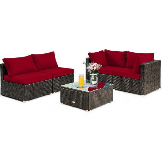 5 Pieces Cushioned Patio Rattan Furniture Set with Glass Table-Red at Set Shop and Smile