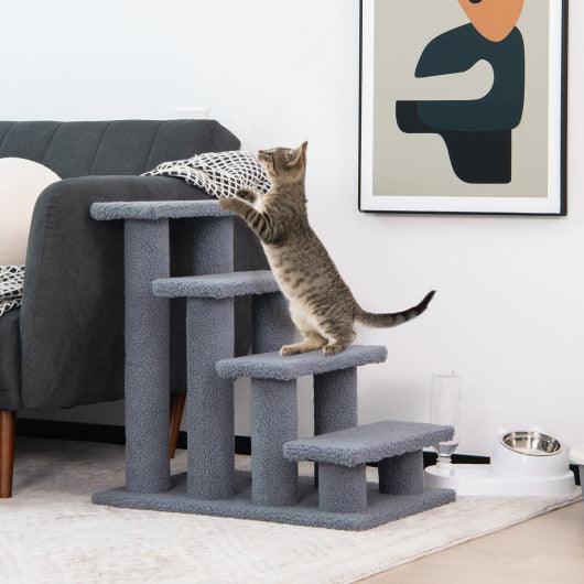 24 Inch 4-Step Pet Stairs Carpeted Ladder Ramp Scratching Post Cat Tree Climber-Gray at Set Shop and Smile