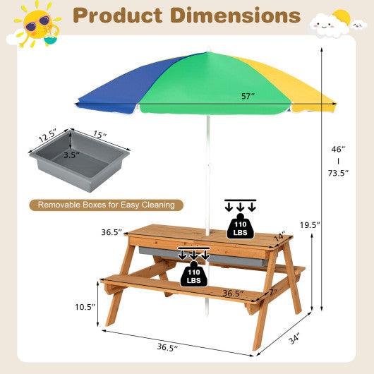 3-in-1 Kids Outdoor Picnic Water Sand Table with Umbrella Play Boxes-Yellow at Set Shop and Smile