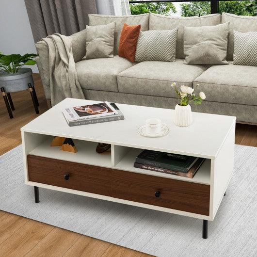 2 Tier 40 Inch Length Modern Rectangle Coffee Table with Storage Shelf and Drawers-White at Set Shop and Smile
