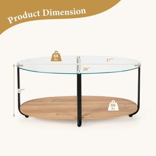 2-Tier Glass-Top Oval Coffee Table with Wooden Shelf for Living Room at Set Shop and Smile