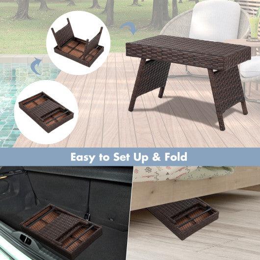 Folding PE Rattan Side Coffee Table Patio Garden Furniture-Brown at Set Shop and Smile