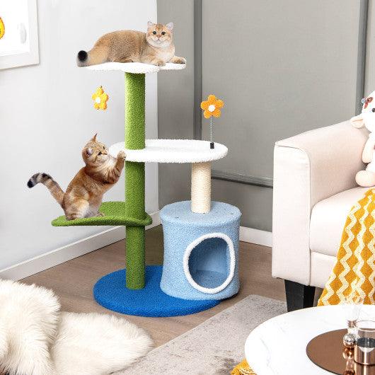 34.5 Inch 4-Tier Cute Cat Tree with Jingling Balls and Condo-Blue at Set Shop and Smile