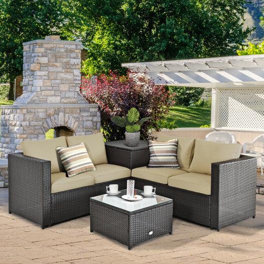 4 Pieces Outdoor Patio Rattan Furniture Set with Cushioned Loveseat and Storage Box-Brown at Set Shop and Smile