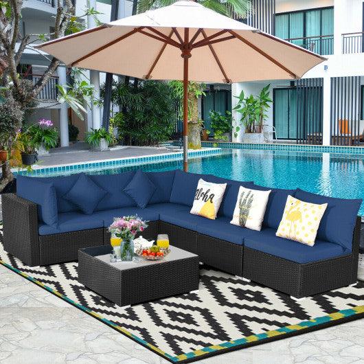 7-Piece Outdoor Sectional Wicker Patio Sofa Set with Tempered Glass Top-Navy at Set Shop and Smile